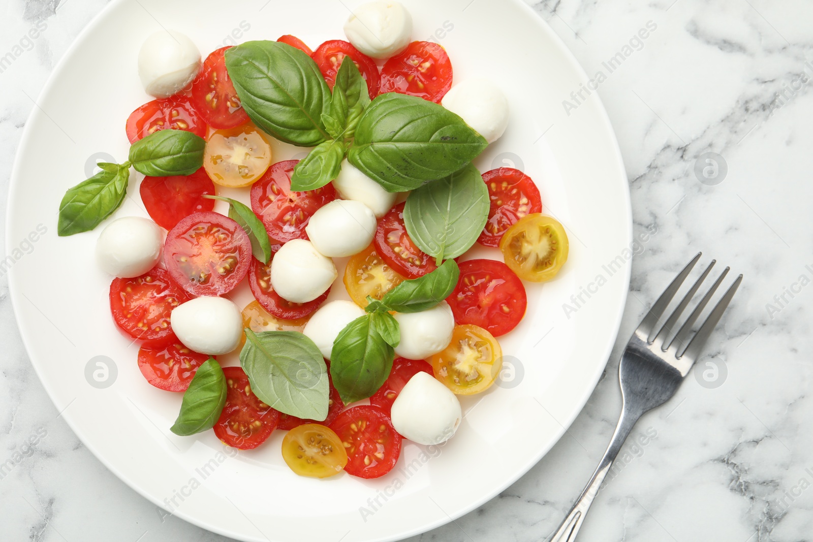 Tasty salad with mozzarella, tomatoes and basil served on white marble table,top view Photo of Tasty salad with mozzarella, tomatoes and basil served on white marble table,top view