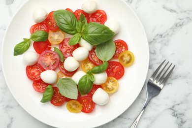 Photo of Tasty salad with mozzarella, tomatoes and basil served on white marble table,top view