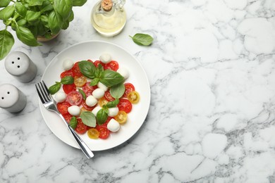 Photo of Tasty salad with mozzarella, tomatoes and basil served on white marble table, flat lay. Space for text