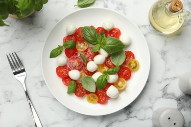 Photo of Tasty salad with mozzarella, tomatoes and basil served on white marble table, flat lay