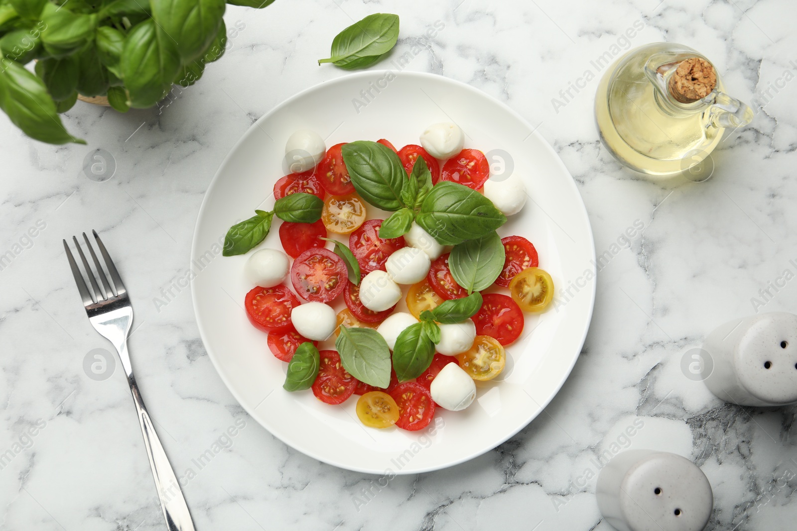 Tasty salad with mozzarella, tomatoes and basil served on white marble table, flat lay Photo of Tasty salad with mozzarella, tomatoes and basil served on white marble table, flat lay