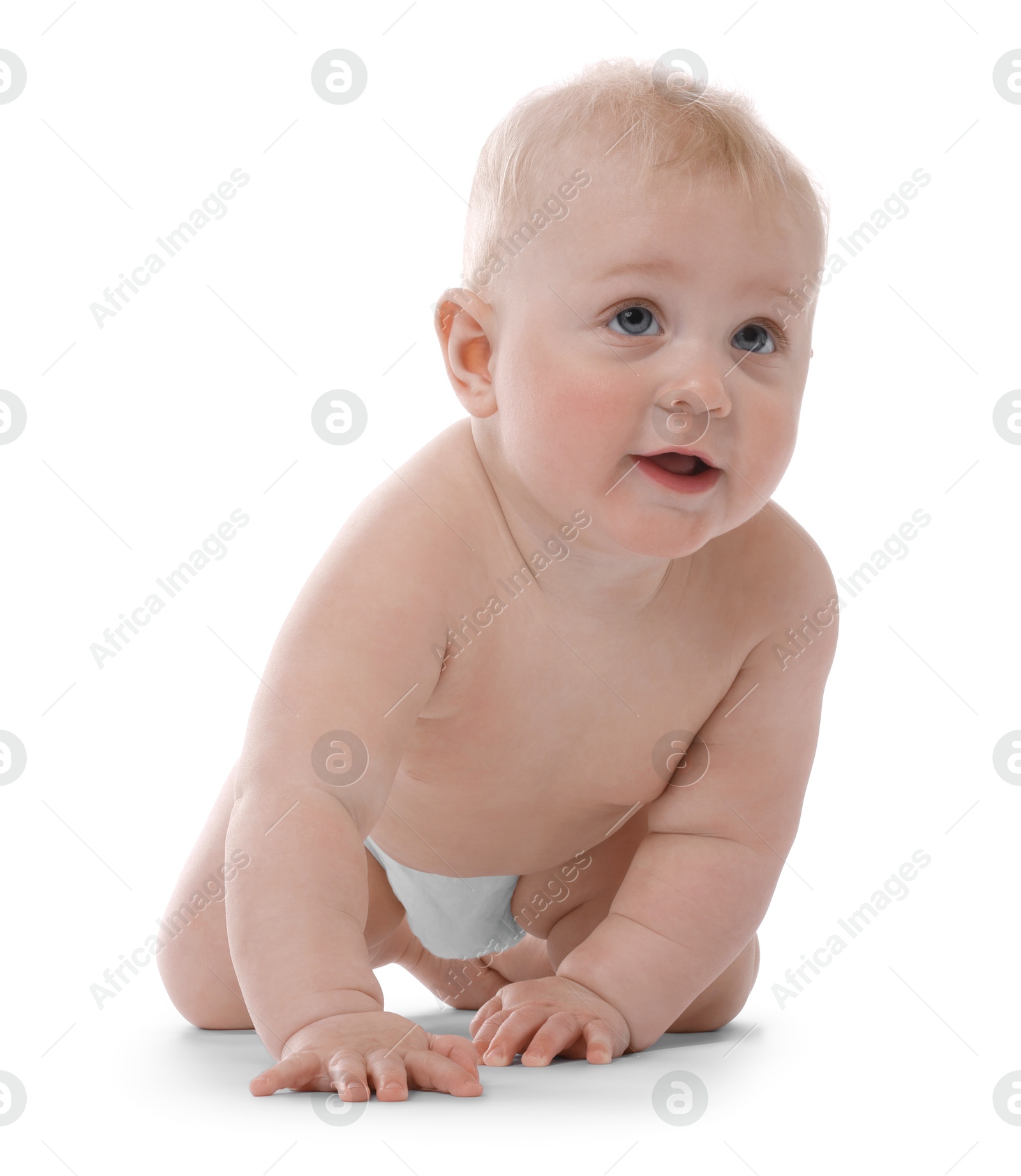 Cute little baby crawling on white background Photo of Cute little baby crawling on white background
