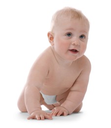 Photo of Cute little baby crawling on white background