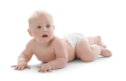 Photo of Cute little baby in diaper on white background