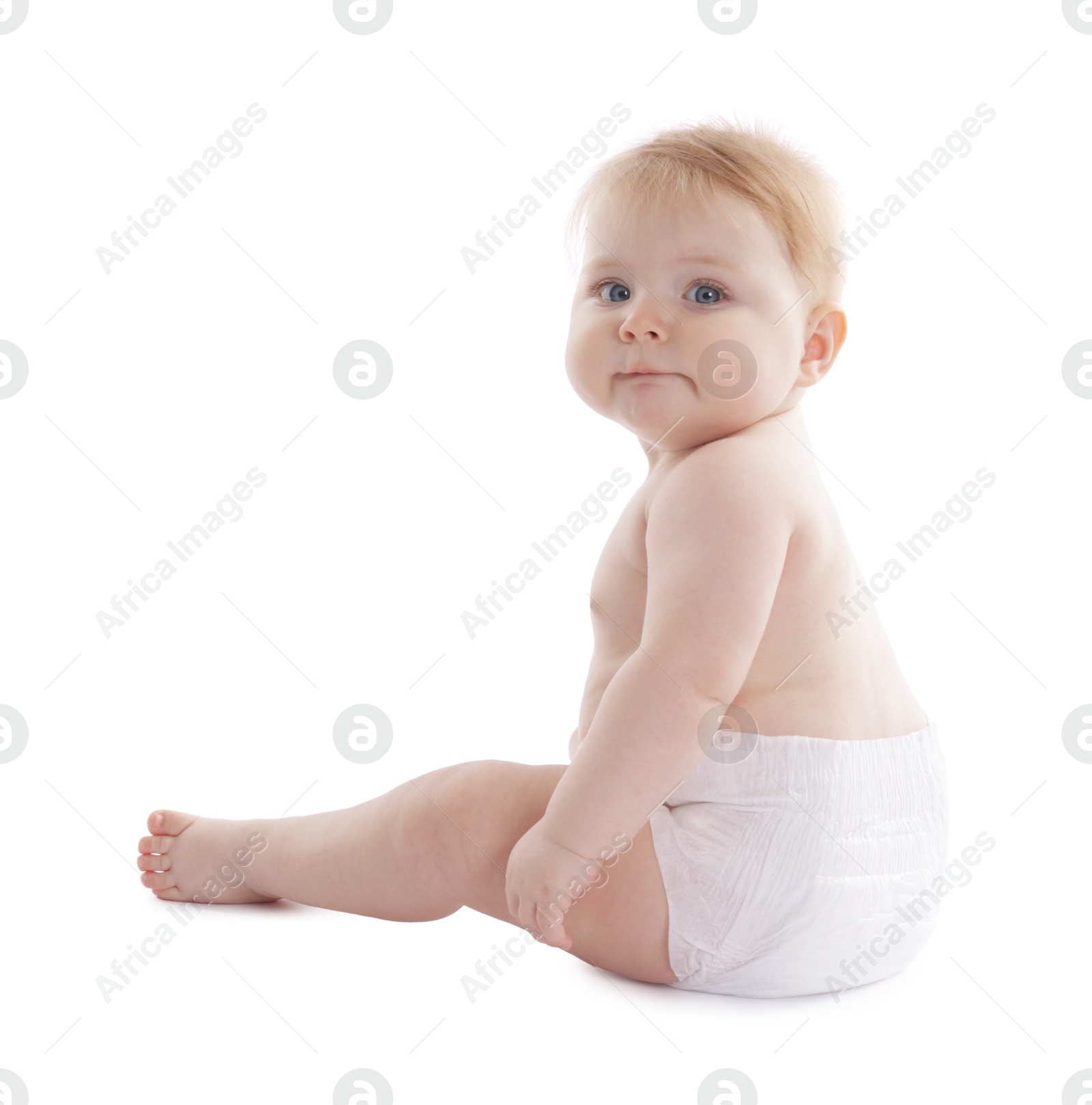 Cute little baby in diaper on white background Photo of Cute little baby in diaper on white background
