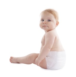 Photo of Cute little baby in diaper on white background