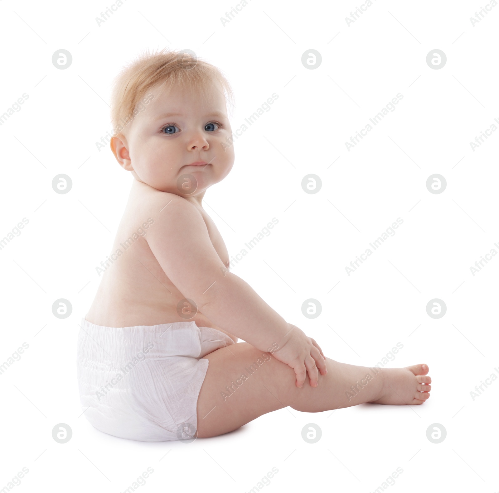 Cute little baby in diaper on white background Photo of Cute little baby in diaper on white background