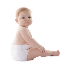 Photo of Cute little baby in diaper on white background
