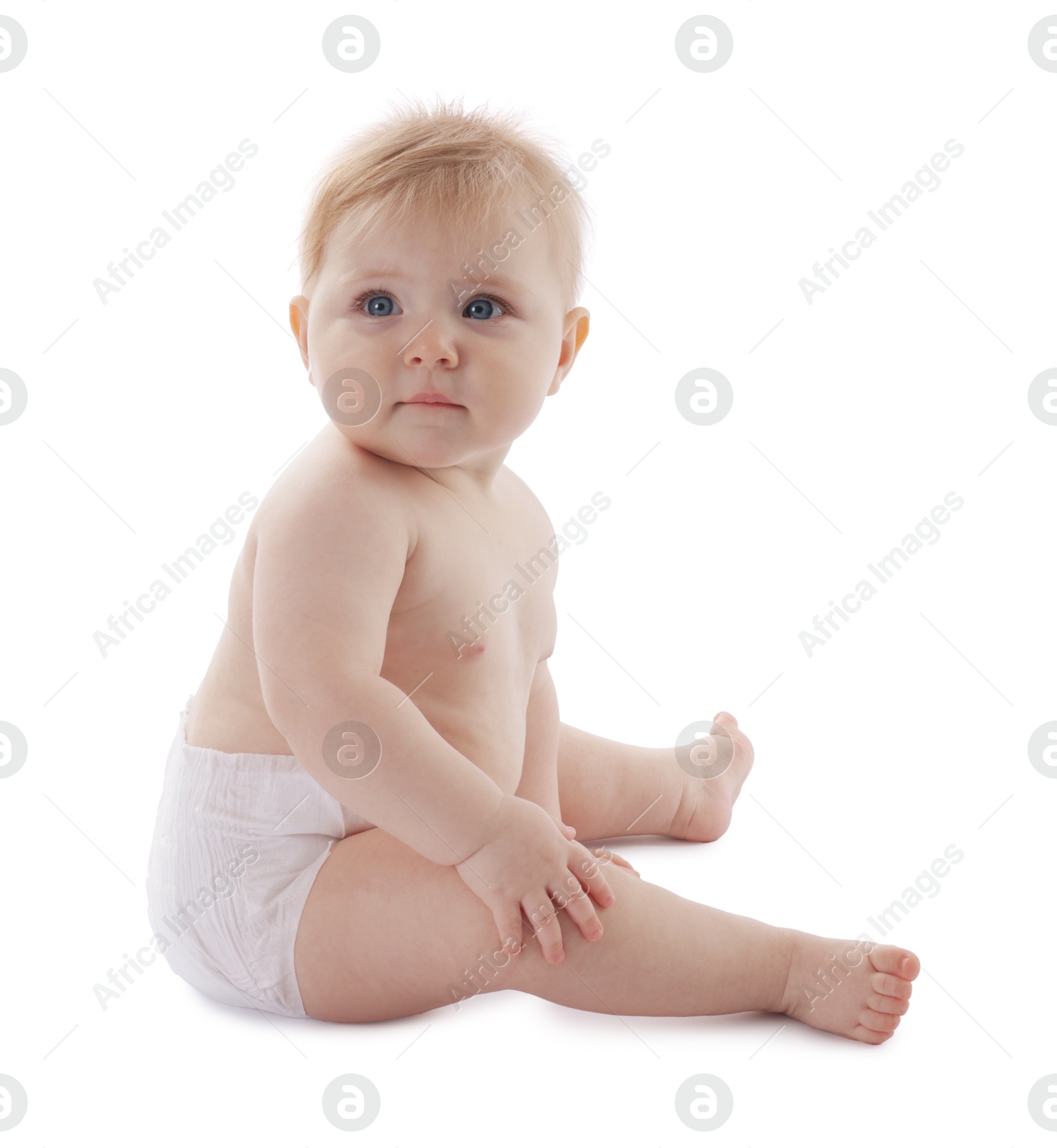 Cute little baby in diaper on white background Photo of Cute little baby in diaper on white background