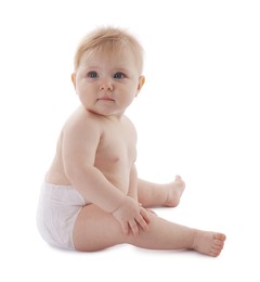 Photo of Cute little baby in diaper on white background
