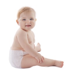 Photo of Cute little baby in diaper on white background