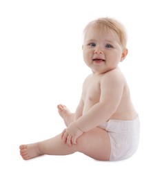 Photo of Cute little baby in diaper on white background