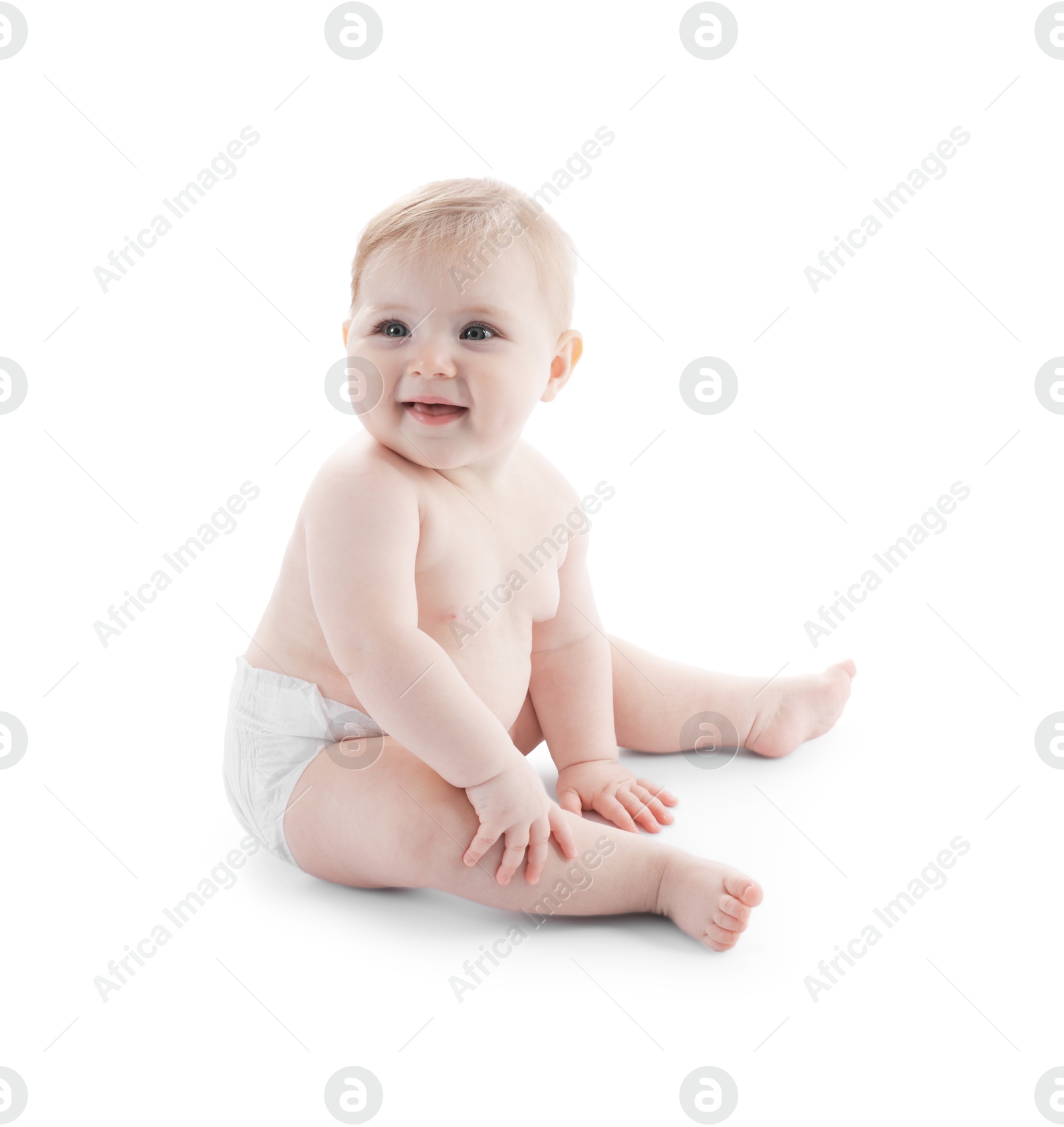 Cute little baby in diaper on white background Photo of Cute little baby in diaper on white background