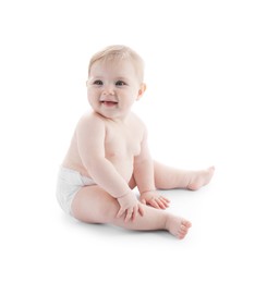 Photo of Cute little baby in diaper on white background