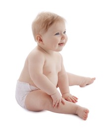 Photo of Cute little baby in diaper on white background