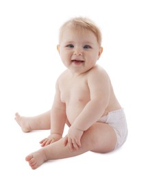 Photo of Cute little baby in diaper on white background