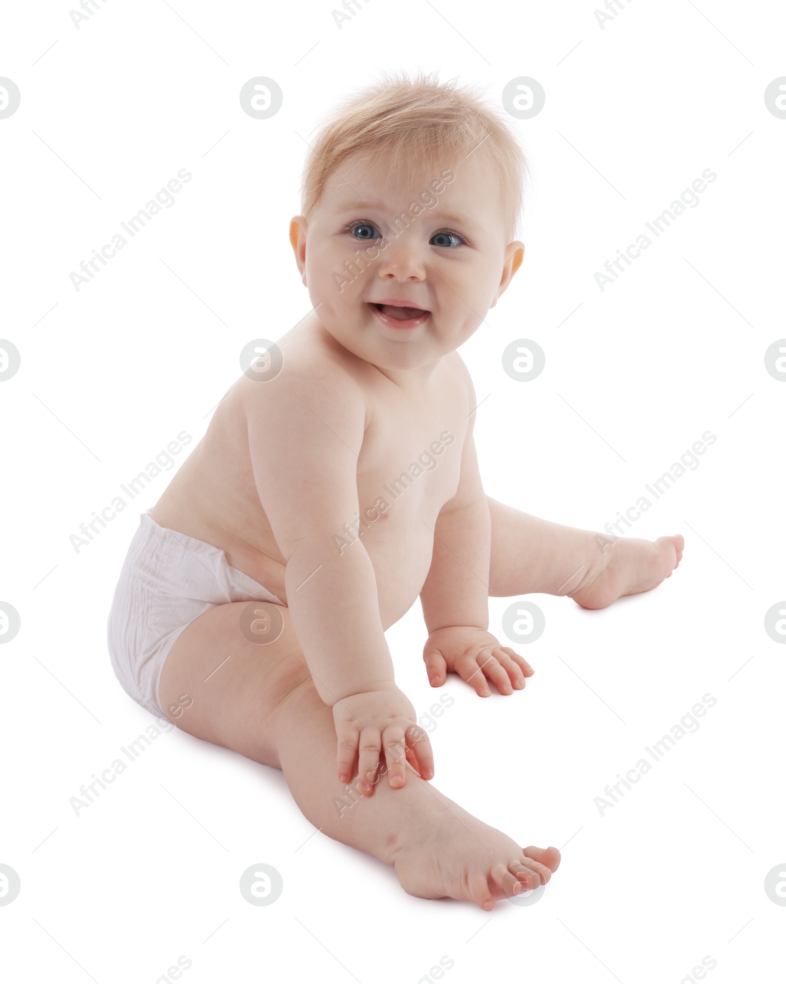 Cute little baby in diaper on white background Photo of Cute little baby in diaper on white background