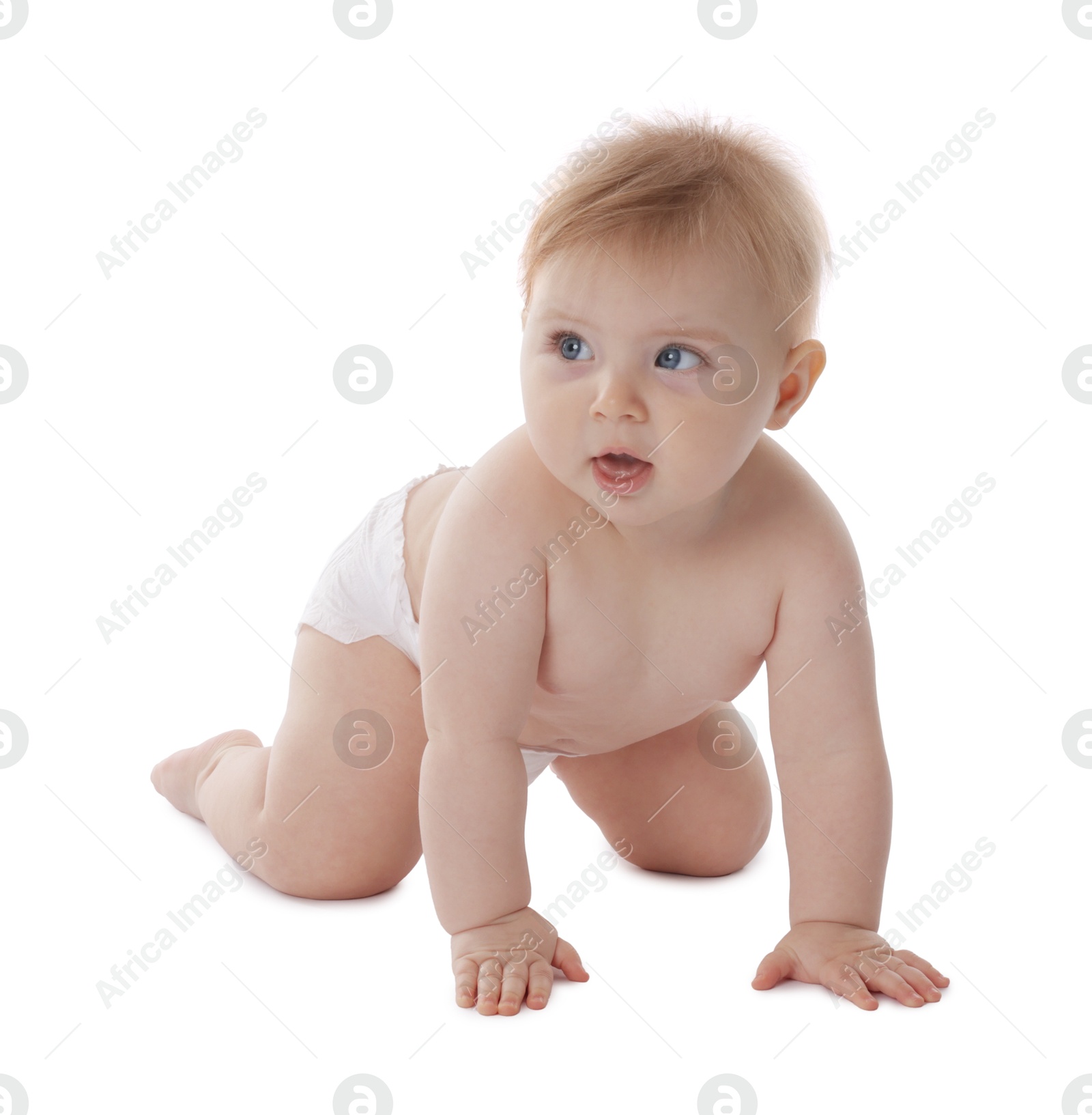Cute little baby in diaper on white background Photo of Cute little baby in diaper on white background