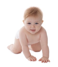 Photo of Cute little baby in diaper on white background