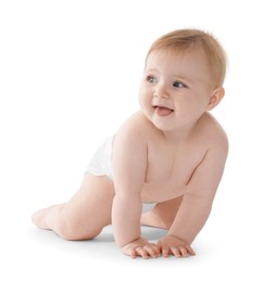 Photo of Cute little baby in diaper on white background