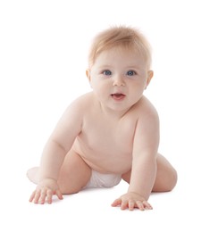 Photo of Cute little baby in diaper on white background