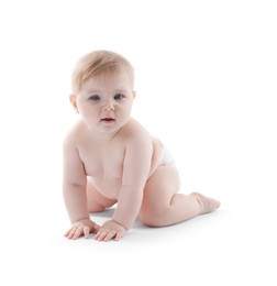 Photo of Cute little baby in diaper on white background