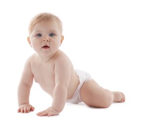 Photo of Cute little baby in diaper on white background