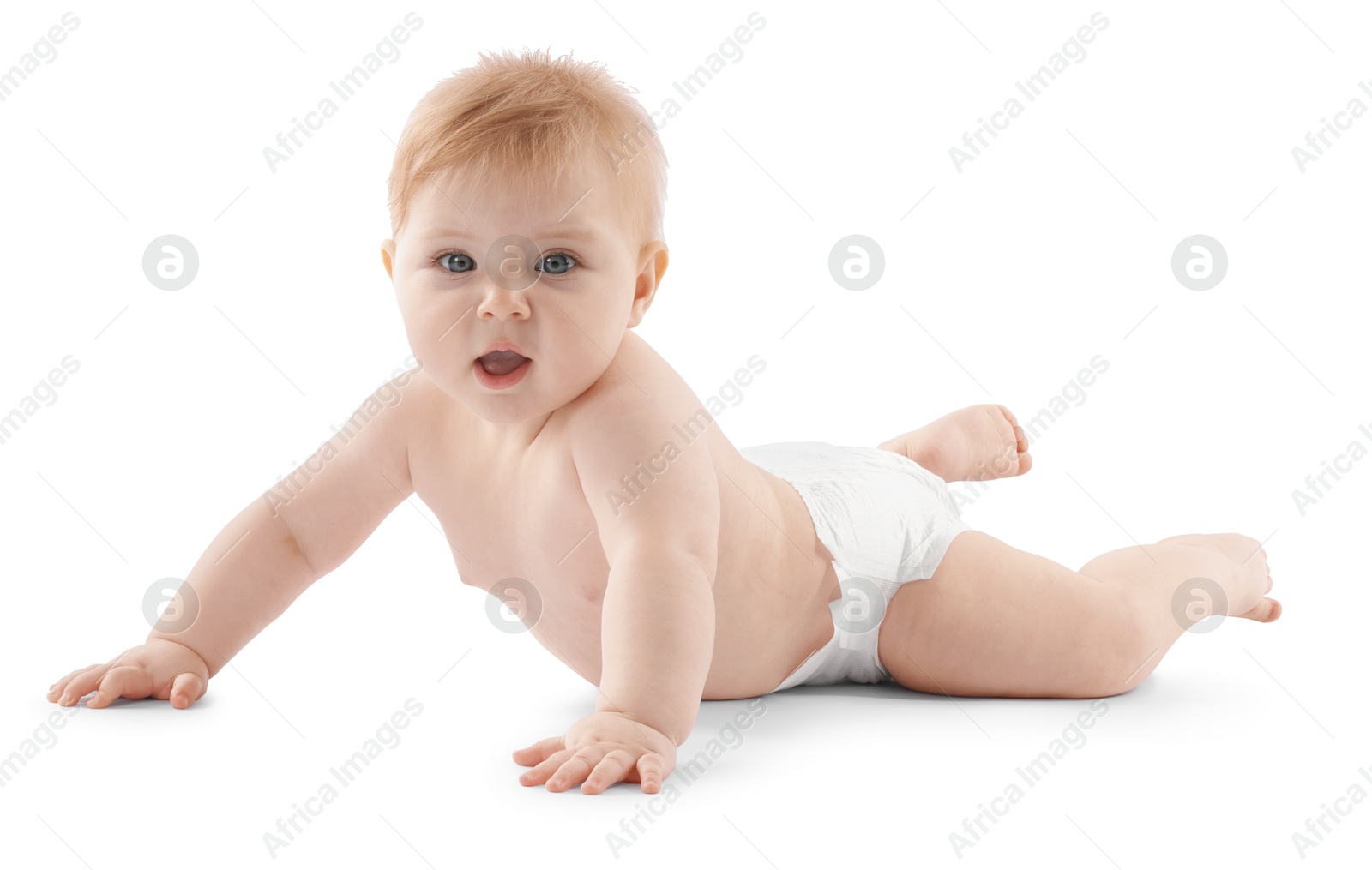 Cute little baby in diaper on white background Photo of Cute little baby in diaper on white background