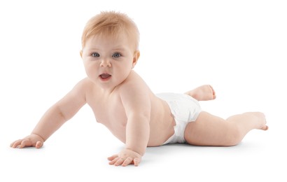 Photo of Cute little baby in diaper on white background