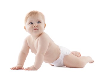 Photo of Cute little baby in diaper on white background