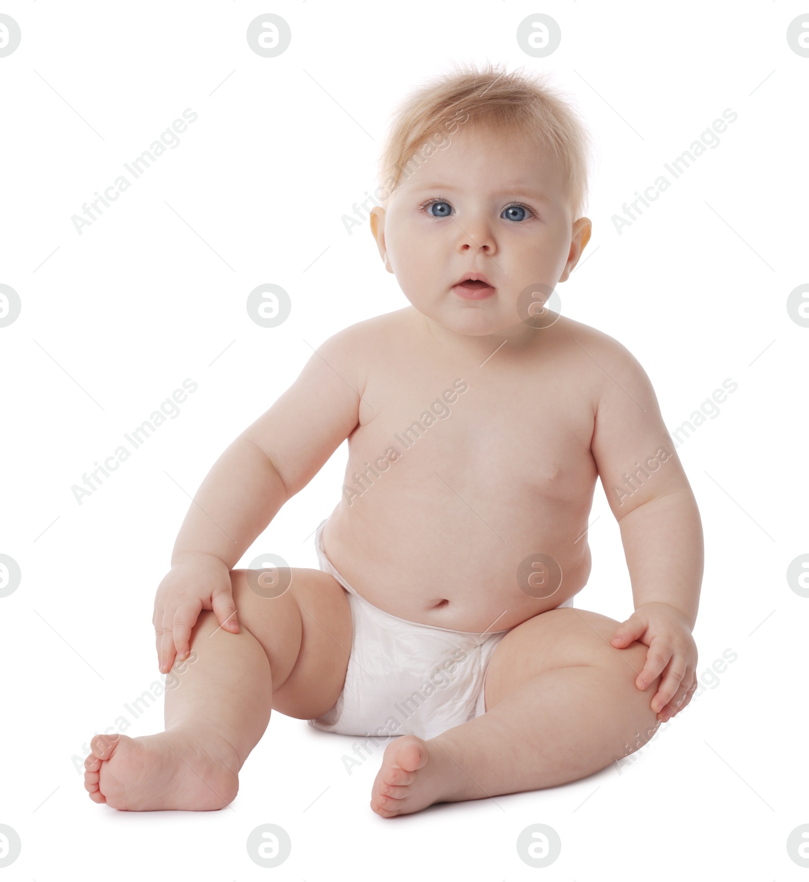 Cute little baby in diaper on white background Photo of Cute little baby in diaper on white background