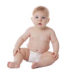 Photo of Cute little baby in diaper on white background