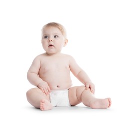 Photo of Cute little baby in diaper on white background