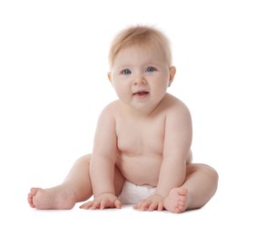 Photo of Cute little baby in diaper on white background