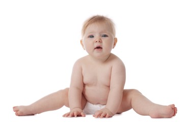 Photo of Cute little baby in diaper on white background