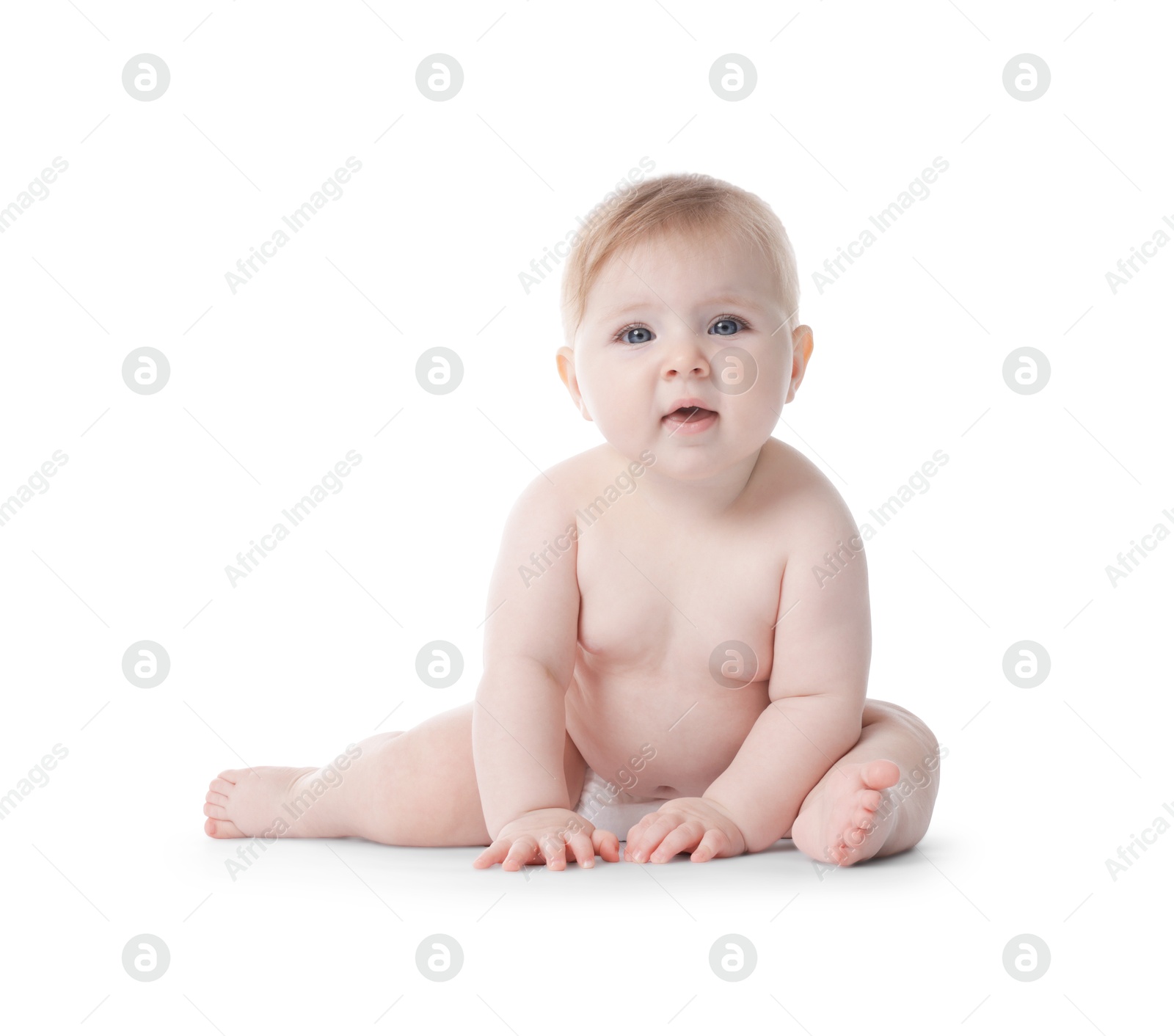 Cute little baby in diaper on white background Photo of Cute little baby in diaper on white background