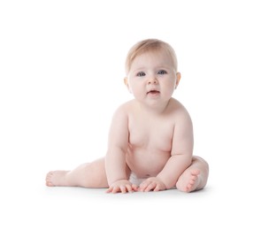 Photo of Cute little baby in diaper on white background