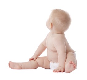 Photo of Cute little baby in diaper on white background