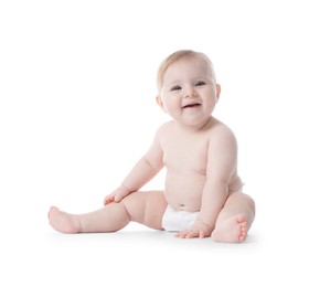 Photo of Cute little baby in diaper on white background