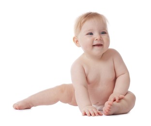 Photo of Cute little baby in diaper on white background