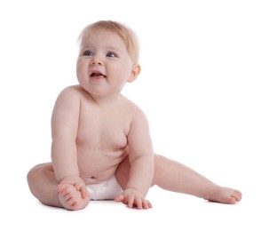 Photo of Cute little baby in diaper on white background