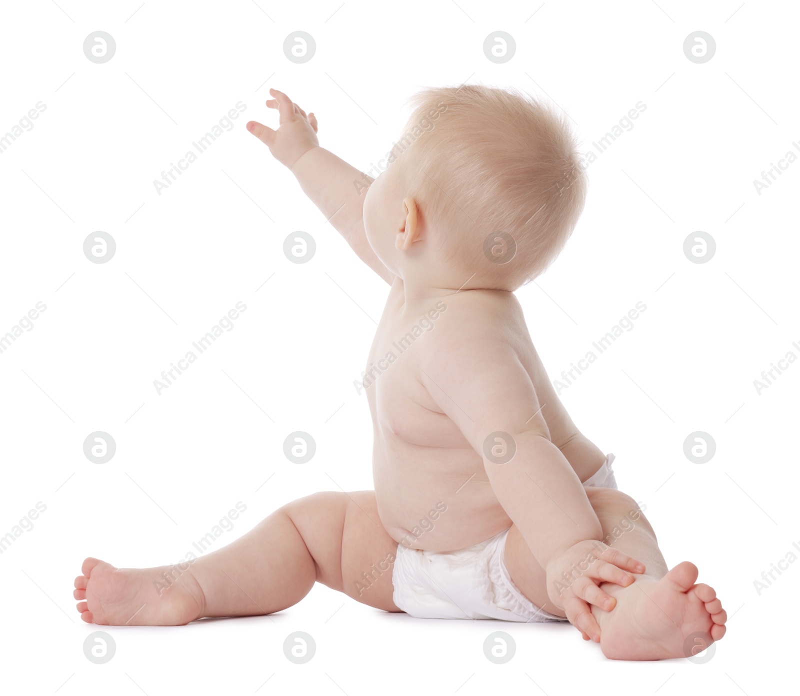 Cute little baby in diaper on white background Photo of Cute little baby in diaper on white background