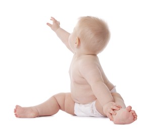 Photo of Cute little baby in diaper on white background