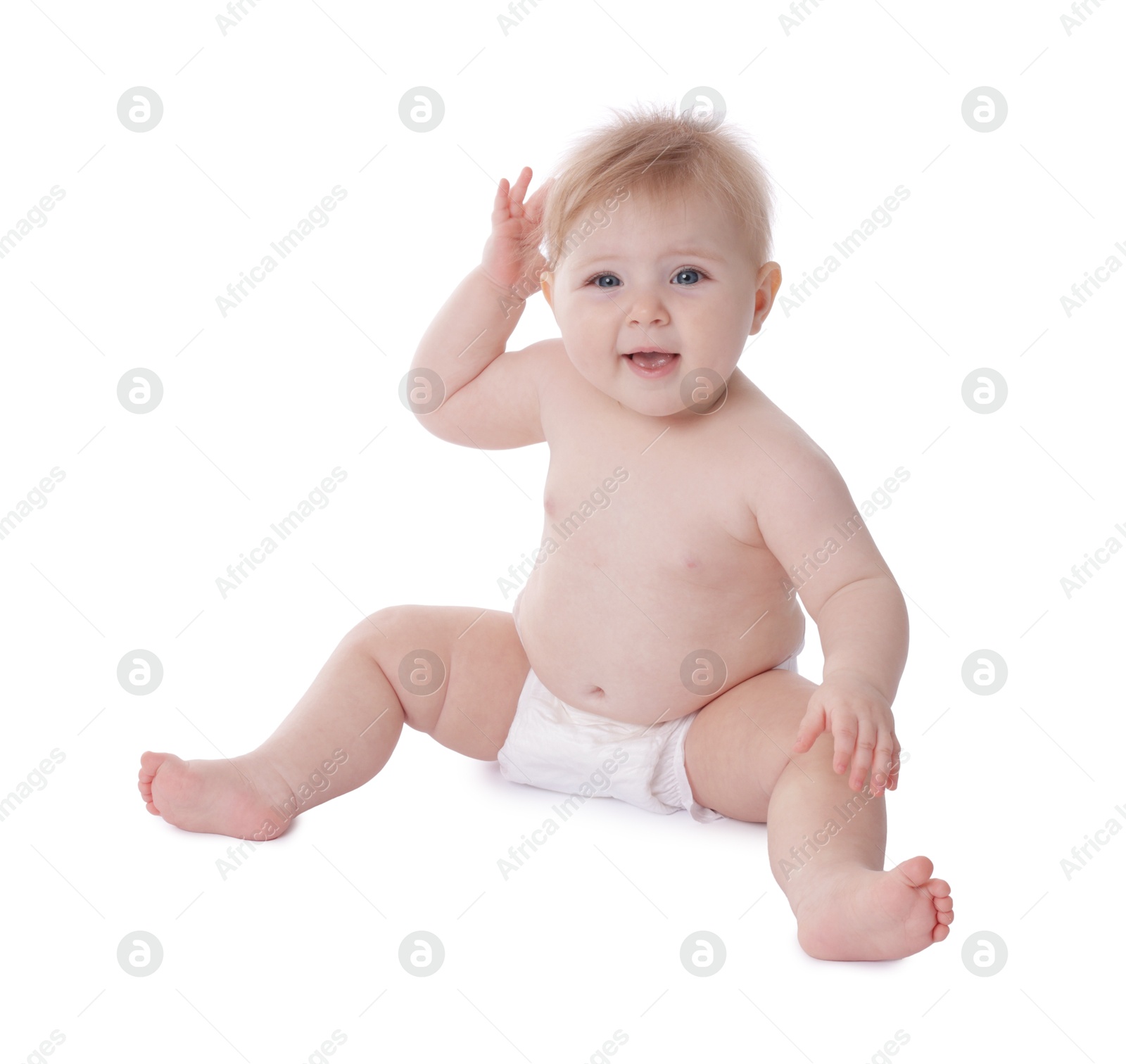 Cute little baby in diaper on white background Photo of Cute little baby in diaper on white background
