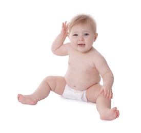 Photo of Cute little baby in diaper on white background