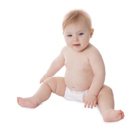 Photo of Cute little baby in diaper on white background