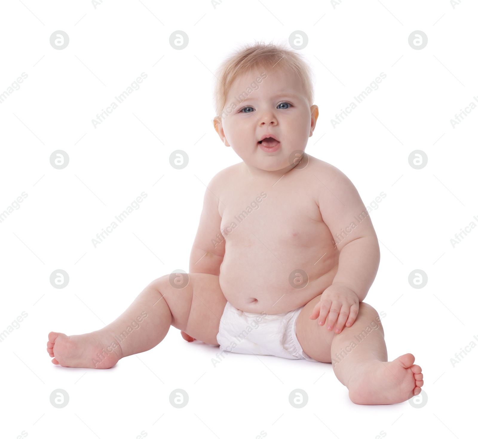 Cute little baby in diaper on white background Photo of Cute little baby in diaper on white background
