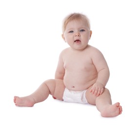 Photo of Cute little baby in diaper on white background