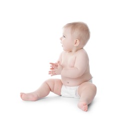 Photo of Cute little baby in diaper on white background