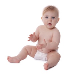 Photo of Cute little baby in diaper on white background
